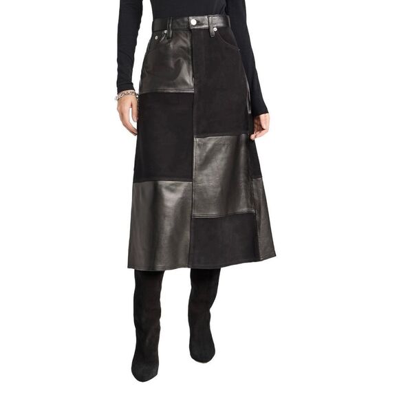 Re/Done Mid Rise Leather Patchwork Skirt Size 26 Black - Picture 1 of 6